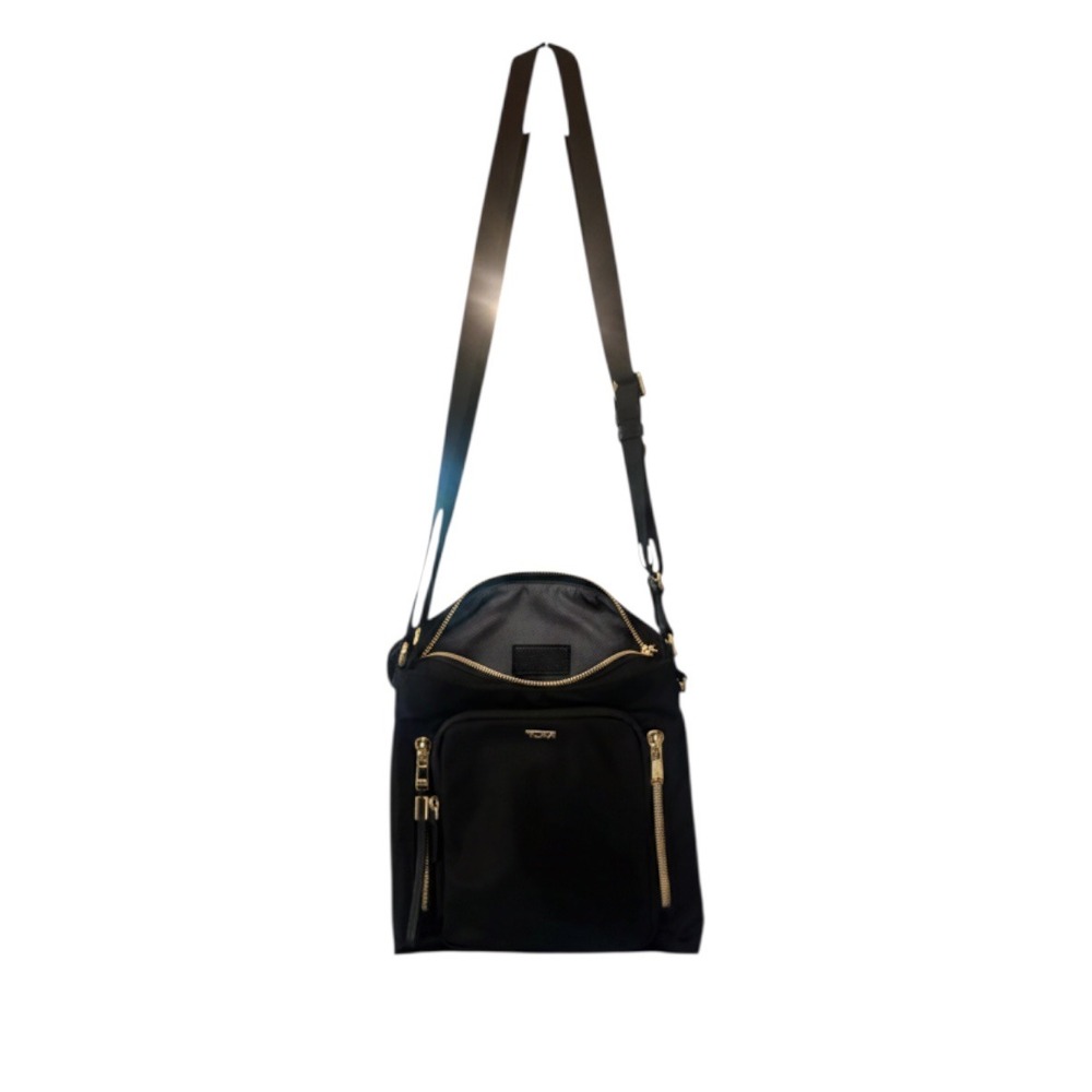 Tumi Voyageur Canton Crossbody Bag Black Nylon Gold Trim Zipper Purse Womens